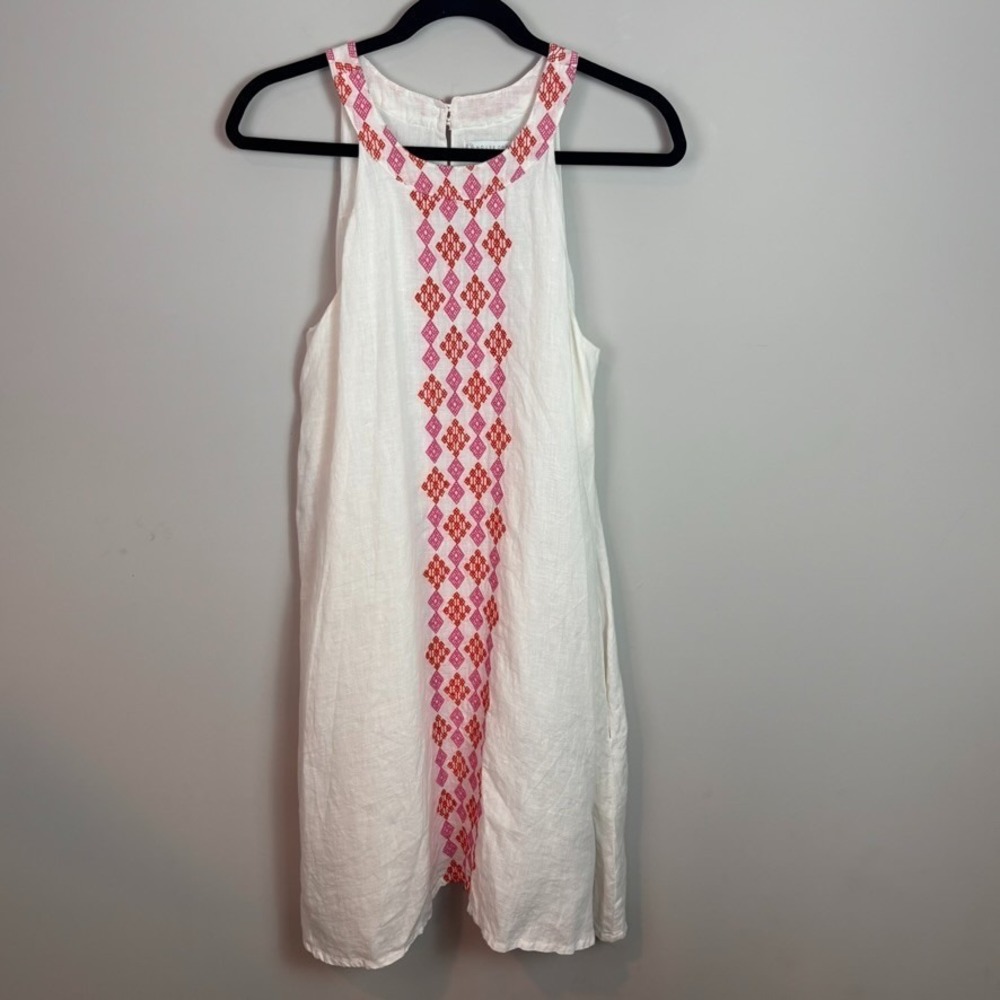 House of Pom Womens white 100% Linen Pink Embroidered Boho Summer dress sz MED